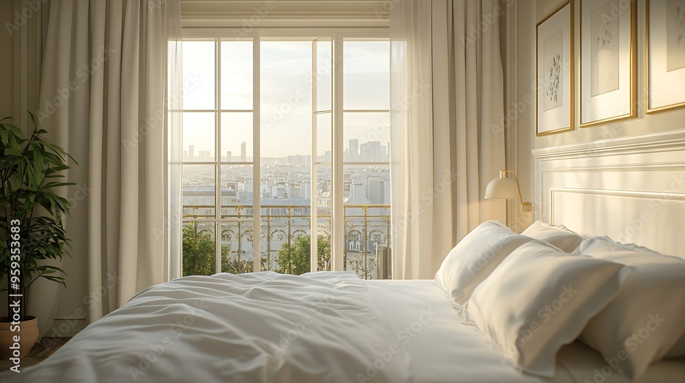 Interior of classic modern bedroom of a hotel or apartment condominium with beautiful views of Paris cityscape : Generative AI Interior of classic modern bedroom of a hotel or apartment condominium with beautiful views of Paris cityscape : Generative AI