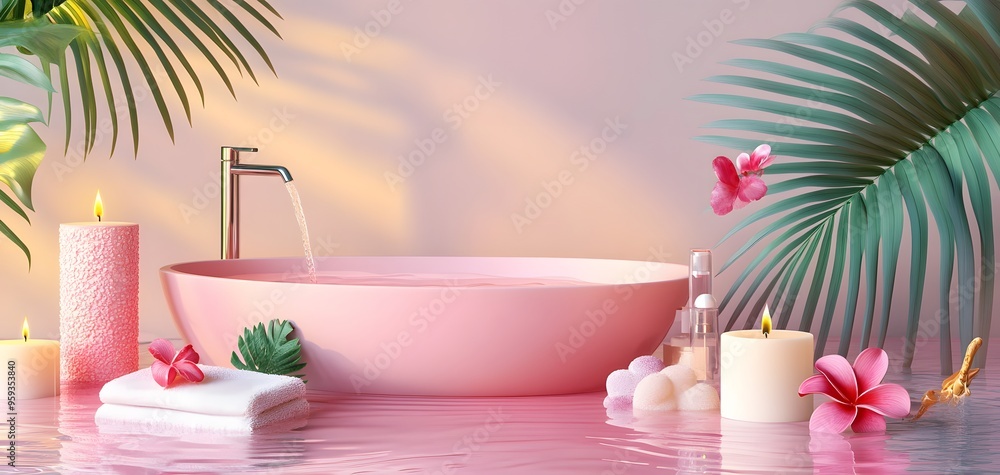 A serene pink bathtub scene featuring tropical elements, candles, and soft towels for a relaxing ambiance. A serene pink bathtub scene featuring tropical elements, candles, and soft towels for a relaxing ambiance.