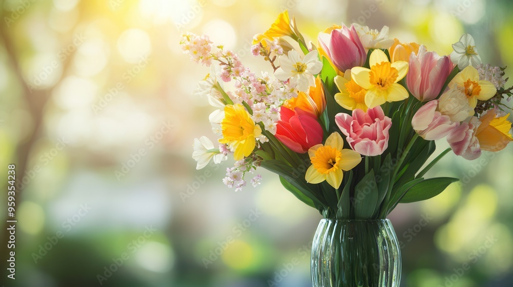 A vibrant spring bouquet of tulips, daffodils, and cherry blossoms brings color and life to a sunlit space, enhancing the atmosphere. Generative AI A vibrant spring bouquet of tulips, daffodils, and cherry blossoms brings color and life to a sunlit space, enhancing the atmosphere. Generative AI