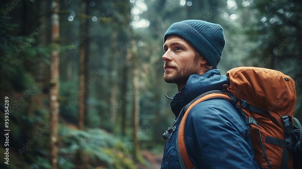 male hiker looking to the side walking in forest : Generative AI male hiker looking to the side walking in forest : Generative AI
