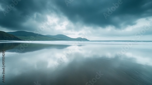 Vast empty beach on overcast day with cloudy sky reflecting in wet sand Inch Beach Wild Atlantic Way County Kerry Ireland : Generative AI photo