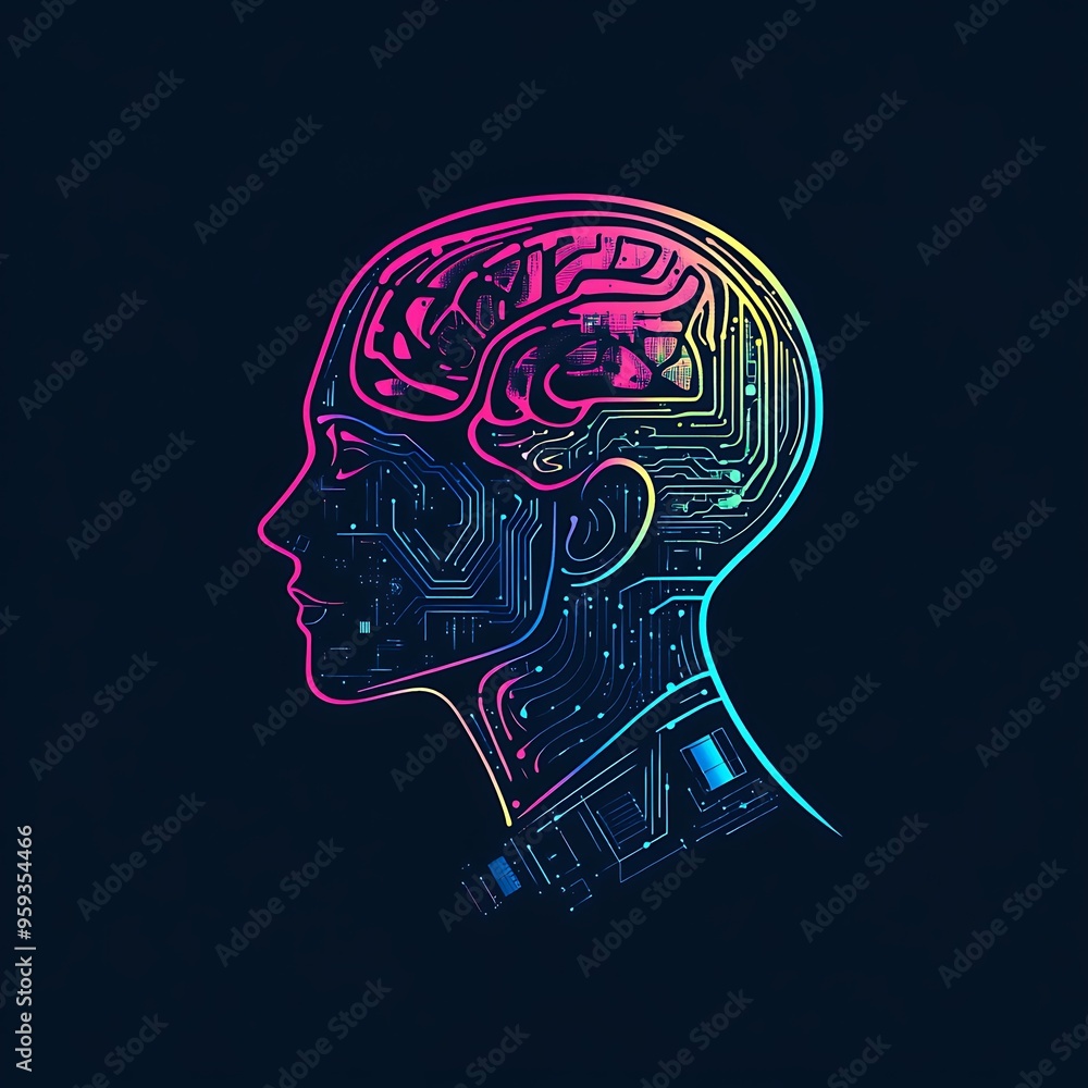 Obraz premium A digital illustration of a human head with a brain made of circuit board lines and glowing patterns.