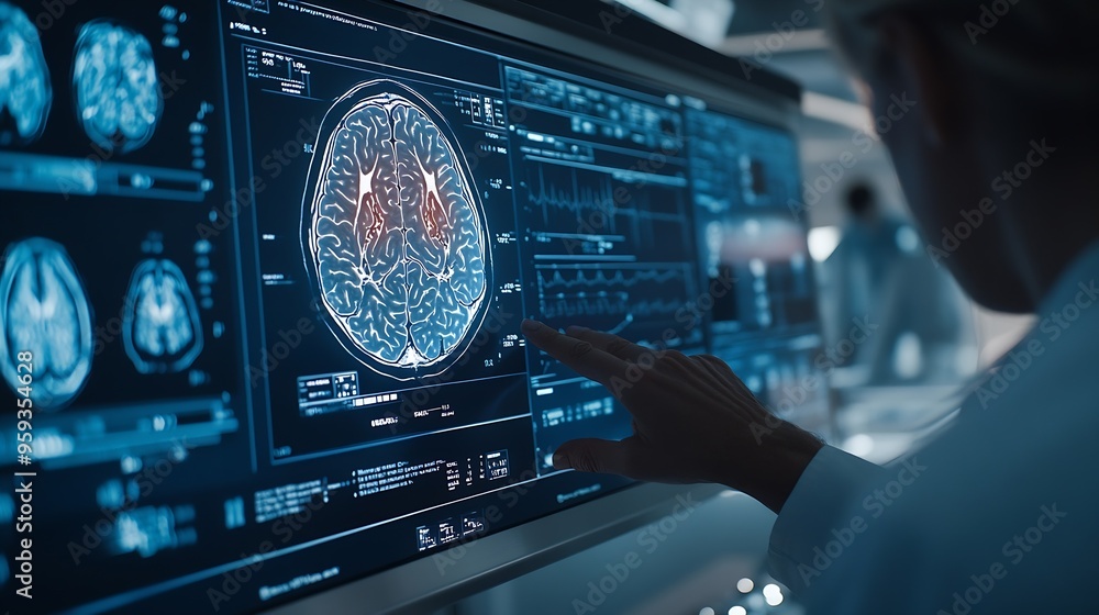 Fototapeta premium Hospital Medical Research Center Focus On Hand Gestures Of Diverse Colleagues Gathered Around Interactive Touch Screen Table With MRI Scans Of Brain On Display Doctors Looking For Alzh : Generative AI