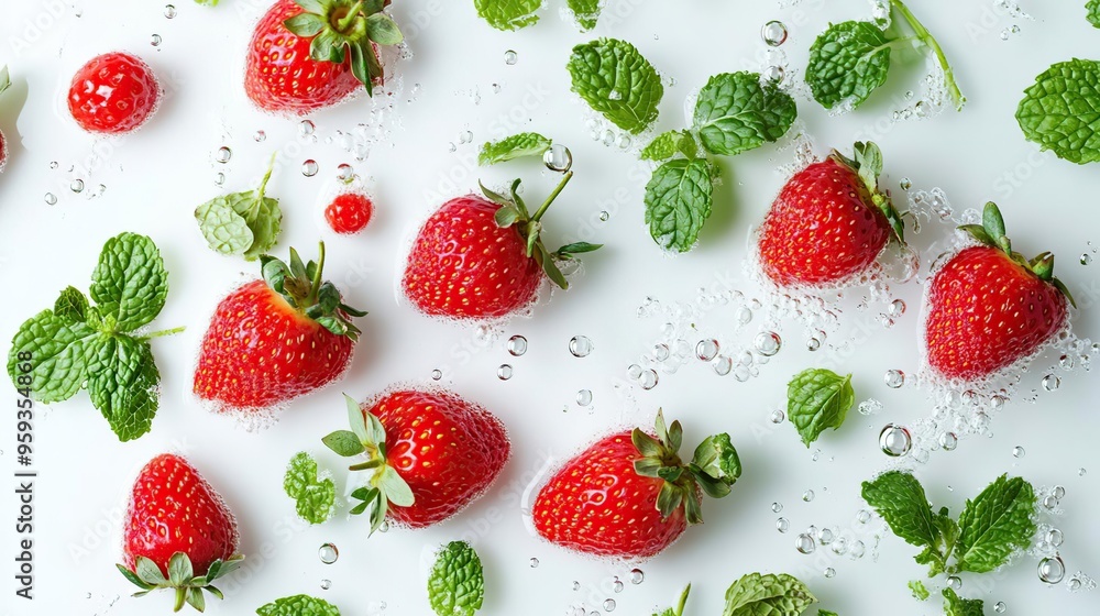 Fresh strawberries and mint leaves surrounded by bubbles on a light background. Fresh strawberries and mint leaves surrounded by bubbles on a light background.