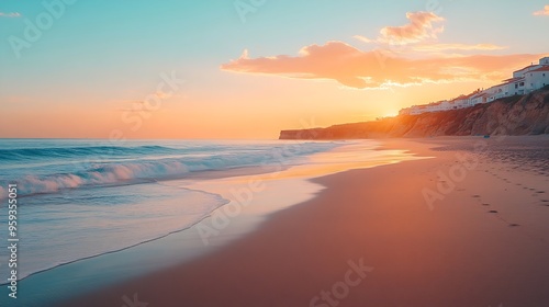 Panoramic sunset view of paradise golden sand beach of coastal village Ericeira Portugal Europe Looking at majestic Atlantic Ocean Serene tranquil vacation Empty tropical landscape in : Generative AI