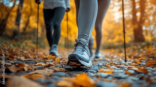 Sports walking with sticks Women of age are engaged in Nordic walking in nature : Generative AI