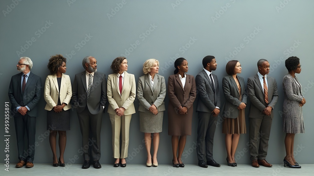 Obraz premium Multiethnic group of people in formal businesswear standing in a row Group of business persons standing against a wall Studio shot of a group of people waiting in a line against a gray : Generative AI