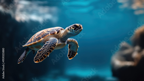 A beautiful sea turtle swims gracefully through clear blue water, surrounded by underwater rocks and vibrant marine life.