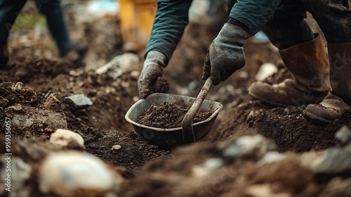 Wallpaper Mural a man shoveling dirt into a wheelbarrow at an archaeological dig : Generative AI Torontodigital.ca