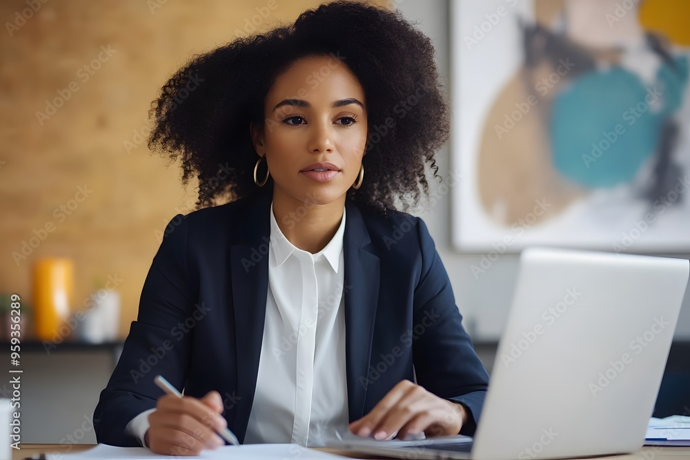 Businesswoman working at a desk with a laptop and documents Businesswoman working at a desk with a laptop and documents