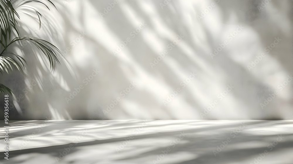 Minimalist White Concrete Wall with Light and Shadows from a Plant. Minimalist White Concrete Wall with Light and Shadows from a Plant.