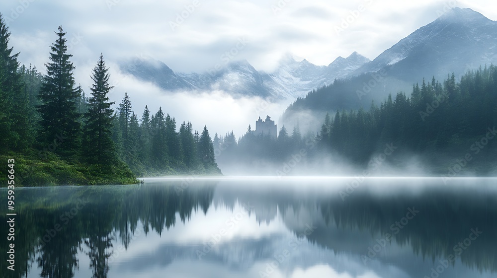 Tranquil scenery with snow castle in clouds Mountain creek flows from forest hills into glacial lake Snowy mountains in fog clearance Small river and coniferous trees reflected in calm : Generative AI Tranquil scenery with snow castle in clouds Mountain creek flows from forest hills into glacial lake Snowy mountains in fog clearance Small river and coniferous trees reflected in calm : Generative AI
