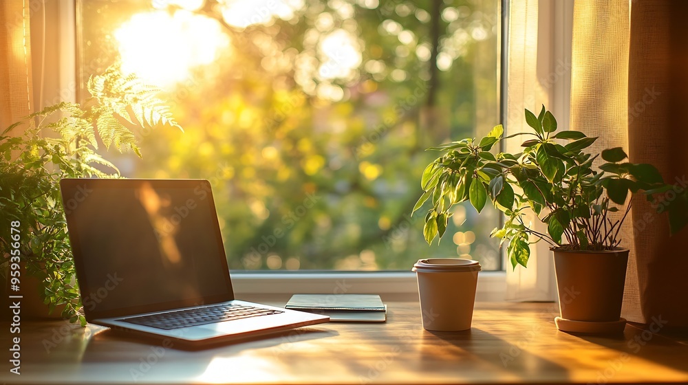 Beautiful workspace online remote work from home concept A wooden table with computer laptop smartphone coffee cup beside the window balcony with sun light shine through the curtain N : Generative AI Beautiful workspace online remote work from home concept A wooden table with computer laptop smartphone coffee cup beside the window balcony with sun light shine through the curtain N : Generative AI