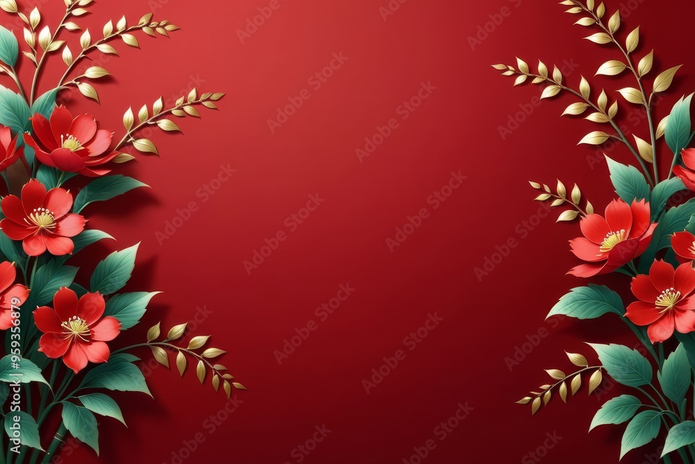 Red and gold floral border on a crimson background, perfect for invitations, greeting cards, or festive designs. Red and gold floral border on a crimson background, perfect for invitations, greeting cards, or festive designs.