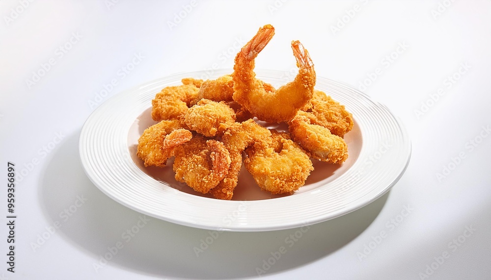 Deep fried shrimp with breadcrumbs in white plate on white background isolated Deep fried shrimp with breadcrumbs in white plate on white background isolated