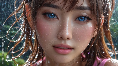 semi realistic artwork close up beautiful japanese or asian women under the rains and snow with cool background