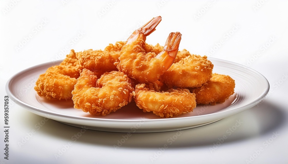 Deep fried shrimp with breadcrumbs in white plate on white background isolated Deep fried shrimp with breadcrumbs in white plate on white background isolated
