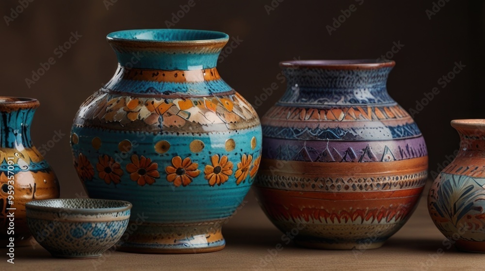 Collection of colorful unique and handcrafted pottery Collection of colorful unique and handcrafted pottery