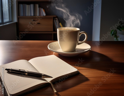 A coffee cup steaming beside an open planner, with a pen poised to write, symbolizing the st