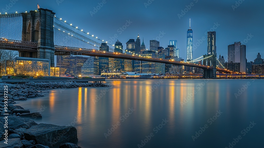 Fototapeta premium Urban Concept: Brooklyn Bridge and Manhattan Skyline at Twilight with City Lights on Water