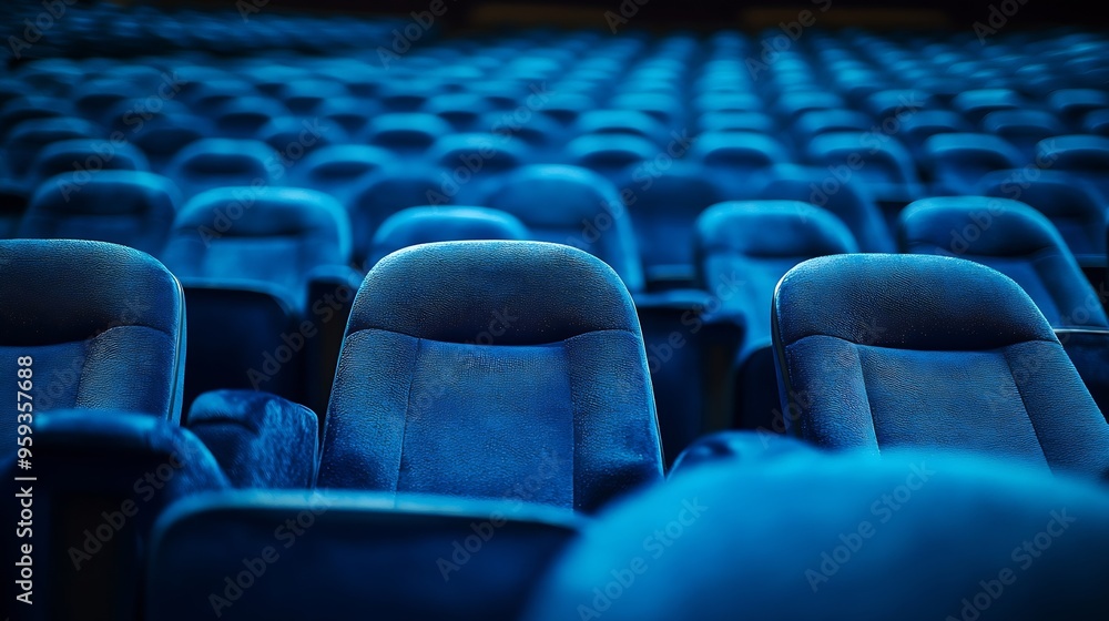 Obraz premium Full frame of blue velvet seats in empty auditorium at conference hall : Generative AI
