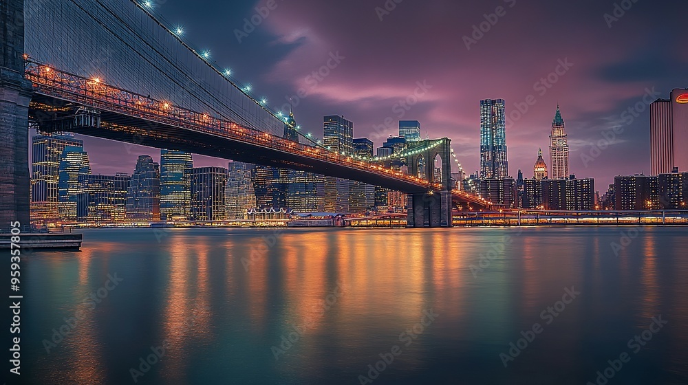 Fototapeta premium Brooklyn Bridge and Manhattan Skyline at Twilight: Urban Concept Featuring City Lights on Water