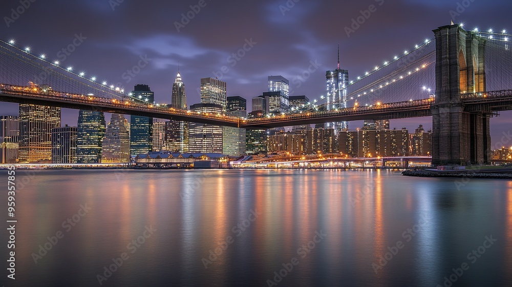 Fototapeta premium Brooklyn Bridge and Manhattan Skyline at Twilight: Urban Concept Featuring City Lights on Water