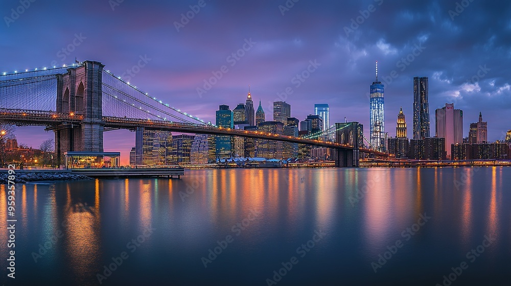 Fototapeta premium Brooklyn Bridge and Manhattan Skyline at Twilight: Urban Concept Featuring City Lights on Water