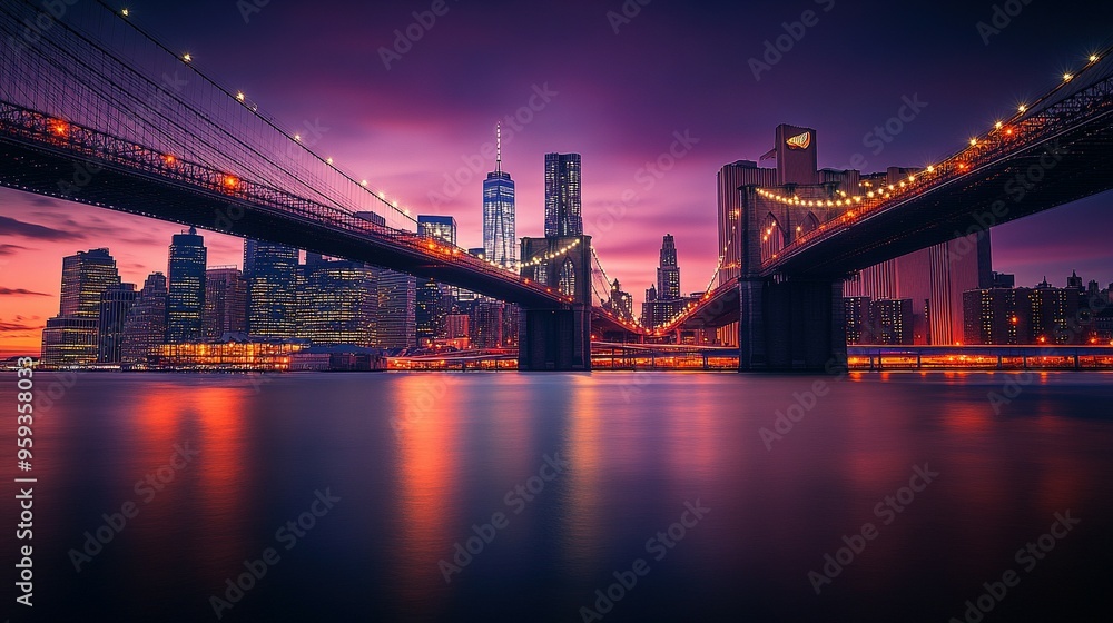 Fototapeta premium Brooklyn Bridge and Manhattan Skyline at Twilight: City Lights Reflecting on Water – Urban Concept