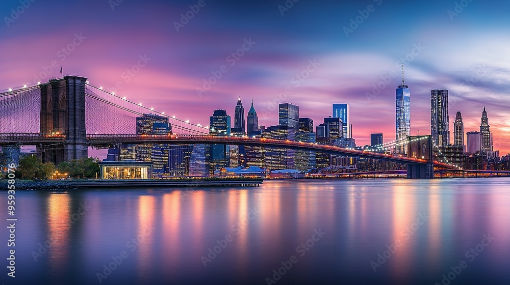 Brooklyn Bridge and Manhattan Skyline at Twilight: City Lights Reflecting on Water – Urban Concept Brooklyn Bridge and Manhattan Skyline at Twilight: City Lights Reflecting on Water – Urban Concept