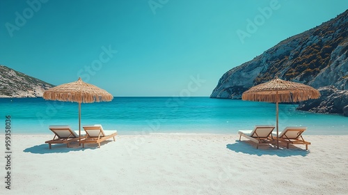 Beautiful Myrtos beach on a sunny summer day on Kefalonia island Ionian sea Greece Idyllic white sandy beach on the shores of a beautiful turquoise sea Empty beach with sunbed umbrella : Generative AI photo