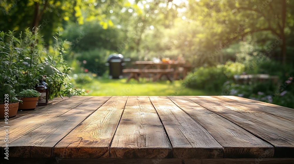 Wooden table in the garden with empty space for advertising products In the background a scene from a barbecue party and grilling in the summer : Generative AI Wooden table in the garden with empty space for advertising products In the background a scene from a barbecue party and grilling in the summer : Generative AI