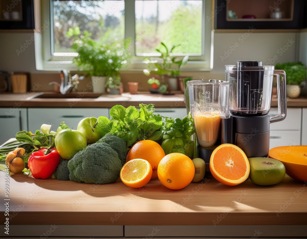 A collection of fresh, organic fruits and vegetables on a kitchen counter, with a juicer in A collection of fresh, organic fruits and vegetables on a kitchen counter, with a juicer in