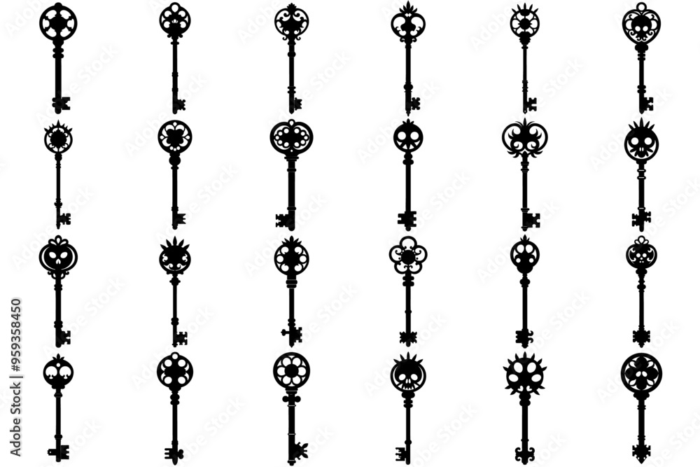 A set of black antique skeleton key silhouette A set of black antique skeleton key silhouette
