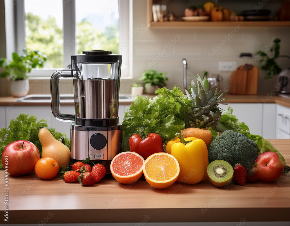 A collection of fresh, organic fruits and vegetables on a kitchen counter, with a juicer in A collection of fresh, organic fruits and vegetables on a kitchen counter, with a juicer in