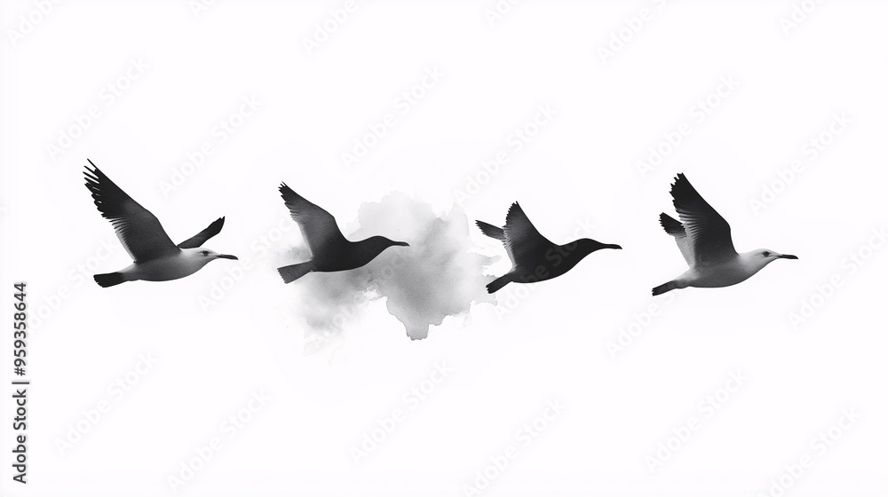 Obraz premium Flock of Birds in Flight: Five birds in flight, silhouetted against a cloudy sky, evoke feelings of freedom, migration, and the beauty of nature. 