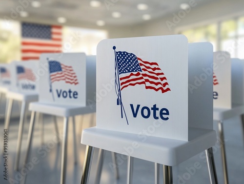 Straight on row of voting booths at polling station during American election. photo