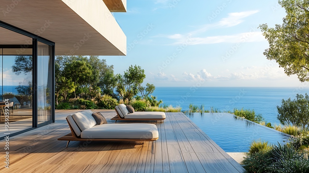 Fototapeta premium Modern luxury wood patio with ocean view : Generative AI