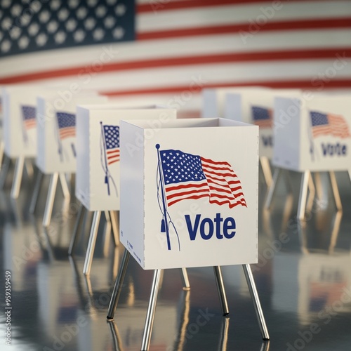 Straight on row of voting booths at polling station during American election. photo