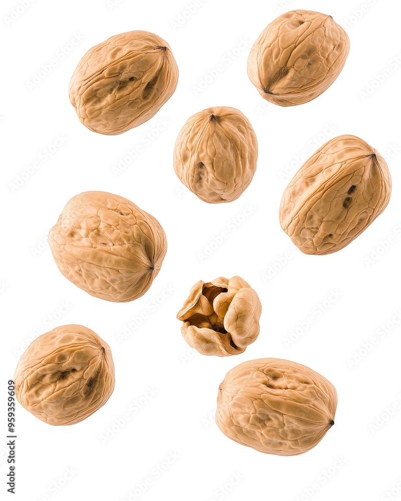 Falling walnut, nut, isolated on white background, clipping path, full depth of field Falling walnut, nut, isolated on white background, clipping path, full depth of field