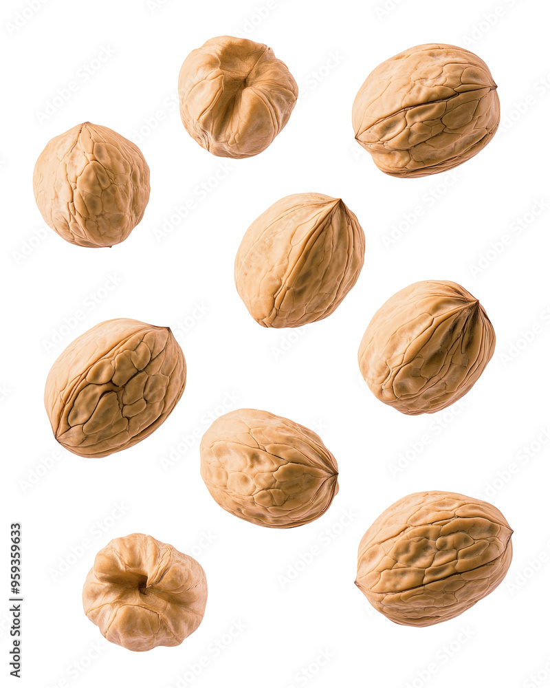 Falling walnut, nut, isolated on white background, clipping path, full depth of field Falling walnut, nut, isolated on white background, clipping path, full depth of field
