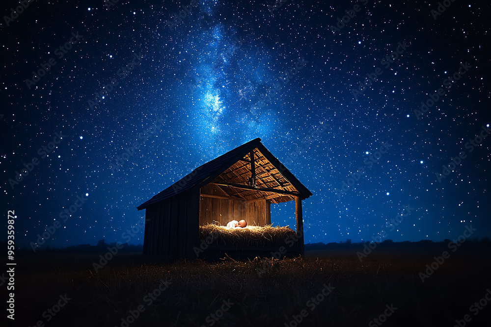 A serene nativity scene featuring the newborn Jesus Christ in a manger, set against a dark, starry night sky.
A serene nativity scene featuring the newborn Jesus Christ in a manger, set against a dark, starry night sky.