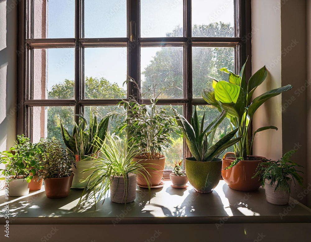 A collection of indoor plants arranged on a windowsill, with sunlight casting shadows on the A collection of indoor plants arranged on a windowsill, with sunlight casting shadows on the