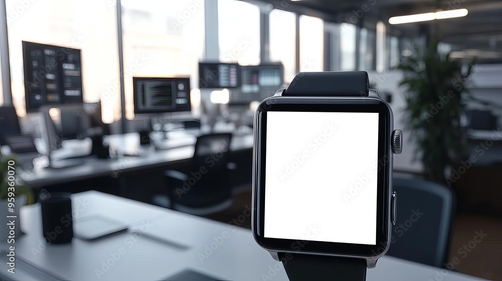 A blank white screen on a smartwatch in a techsavvy home office, with multiple screens and gadgets in the background, captured in a hightech, productivityfocused photo style A blank white screen on a smartwatch in a techsavvy home office, with multiple screens and gadgets in the background, captured in a hightech, productivityfocused photo style