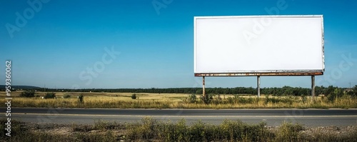 A blank white billboard screen in a rural area, with a wideopen field and a clear blue sky, captured in a serene, expansive photo style photo