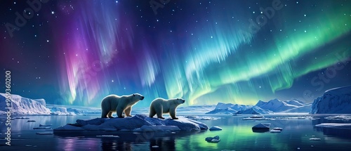Two polar bears stand on an ice floe with the aurora borealis in the sky, surrounded by icy mountains and a vast frozen sea.