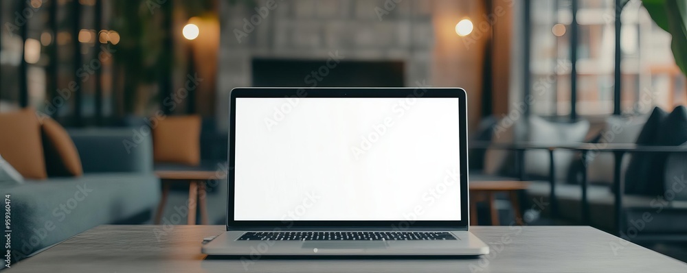 A blank white screen on a laptop in a modern coworking space, with stylish furniture and a collaborative atmosphere, captured in a trendy, professional photo style A blank white screen on a laptop in a modern coworking space, with stylish furniture and a collaborative atmosphere, captured in a trendy, professional photo style