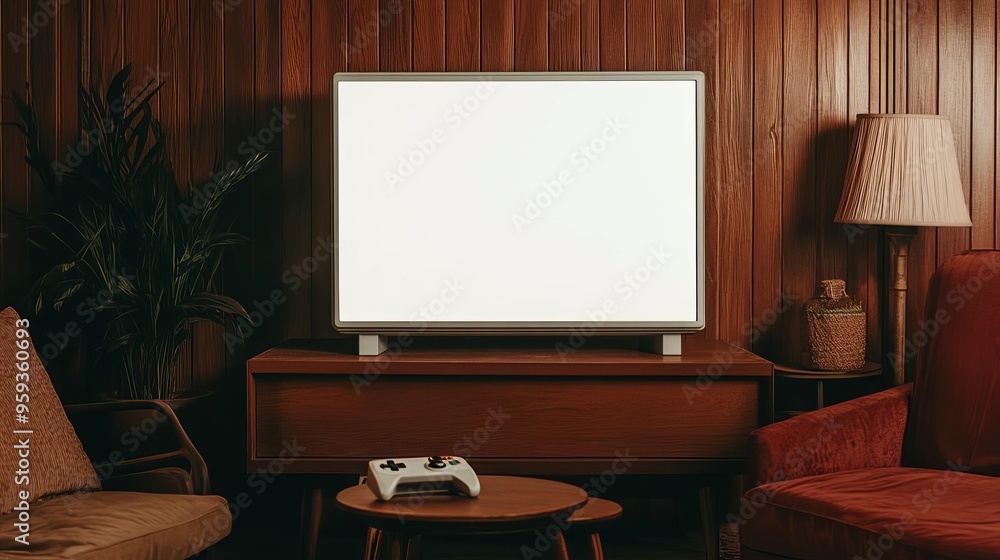 A blank white screen on a retro gaming console in a classic 90s living room, with nostalgic furniture and decor, captured in a warm, retro photo style A blank white screen on a retro gaming console in a classic 90s living room, with nostalgic furniture and decor, captured in a warm, retro photo style