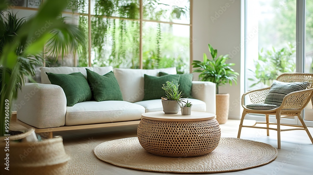 Interior design of cozy open space with modular sofa green pillows braided plaid wooden coffee table rattan armchair round table plants and personal accessories Home decor Template : Generative AI Interior design of cozy open space with modular sofa green pillows braided plaid wooden coffee table rattan armchair round table plants and personal accessories Home decor Template : Generative AI