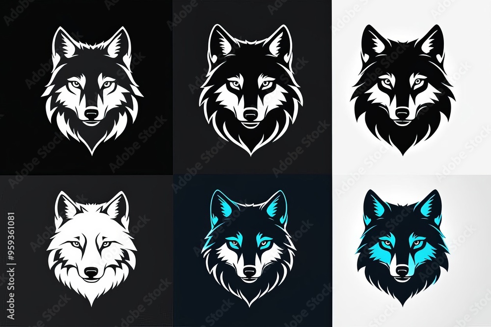 Six different versions of a wolf head logo, in black, white, and blue, on black, white, and grey backgrounds. Six different versions of a wolf head logo, in black, white, and blue, on black, white, and grey backgrounds.